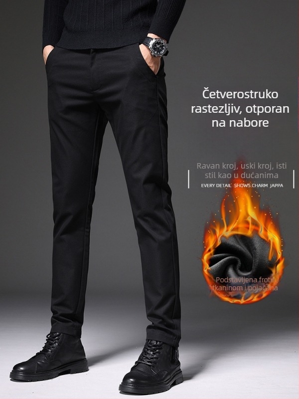 Muške casual hlače s flis podstavom, anti-nabor efekt, slim-fit, mikroelastične, ravni kroj