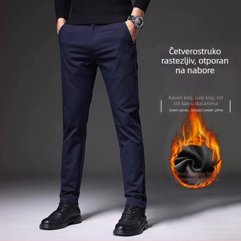 Muške casual hlače s flis podstavom, anti-nabor efekt, slim-fit, mikroelastične, ravni kroj