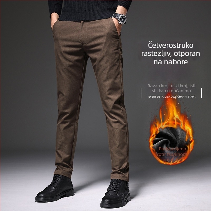 Muške casual hlače s flis podstavom, anti-nabor efekt, slim-fit, mikroelastične, ravni kroj