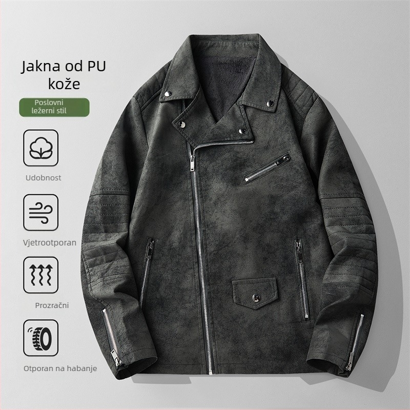 Muška PU kožna jakna s vintage stilom, stojeći ovratnik, zip, fleece podstava