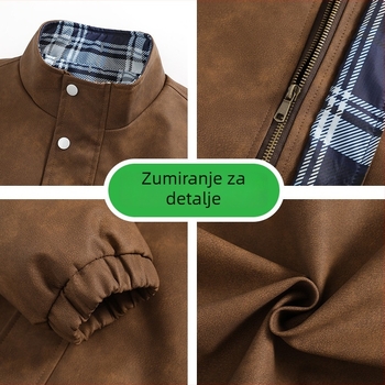 Muška PU kožna jakna, slobodan kroj, V-izrez, dvostruko kopčanje, bočni džepovi