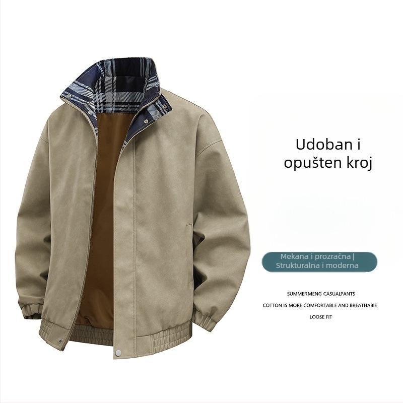 Muška PU kožna jakna, slobodan kroj, V-izrez, dvostruko kopčanje, bočni džepovi