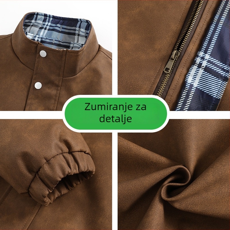 Muška PU kožna jakna, slobodan kroj, V-izrez, dvostruko kopčanje, bočni džepovi