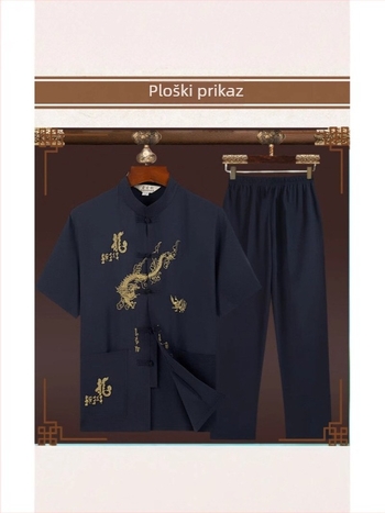 Muško ljetno Tang odijelo s kratkim rukavima i stojećim ovratnikom, kineski stil vez, 100% poliester