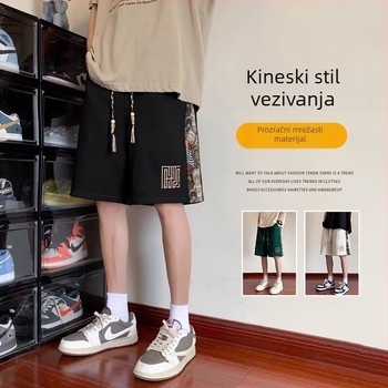 Muške šorceve s kineskim stilom izšivke – capri duljina, slobodan kroj, poliester 90%, mikroodskok elastičnosti, ljeto sport