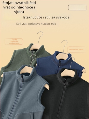 Muški flis prsluk bez rukava sa stojećim ovratnikom, dvostruki velur, debeli materijal, prednji zip