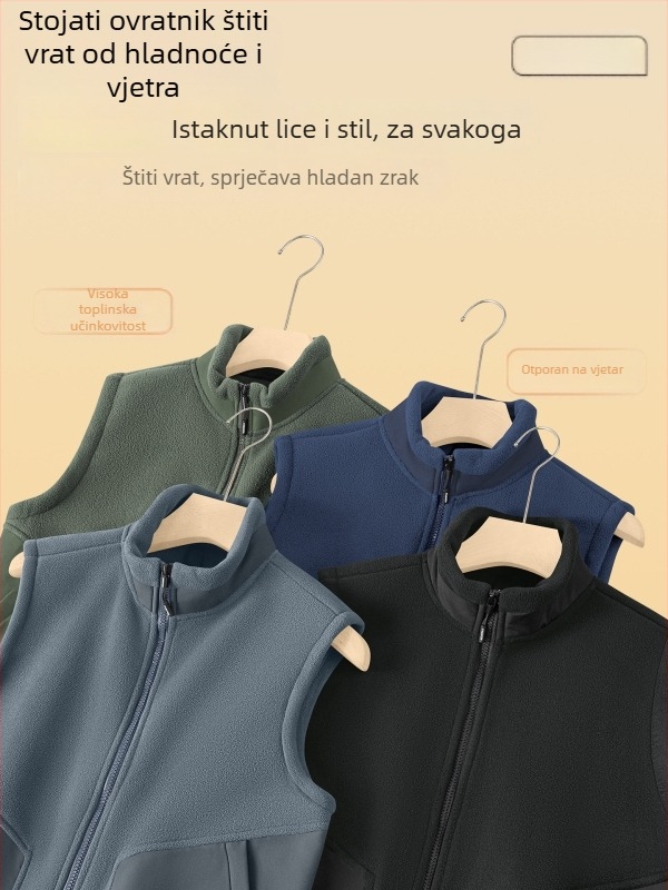 Muški flis prsluk bez rukava sa stojećim ovratnikom, dvostruki velur, debeli materijal, prednji zip