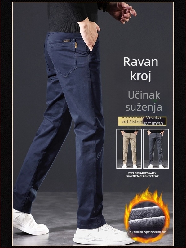 Muške hlače za poslovno casual, ravni kroj, flis podstava, 97% pamuk, visok struk, više džepova