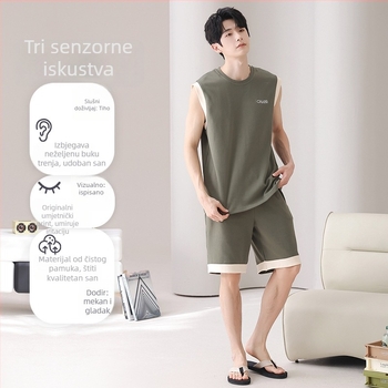 Muški pamučni pidžama set - bez rukava majica i šorc, okrugli izrez, tanko platno 141-160 g/m2, za mlade muškarce