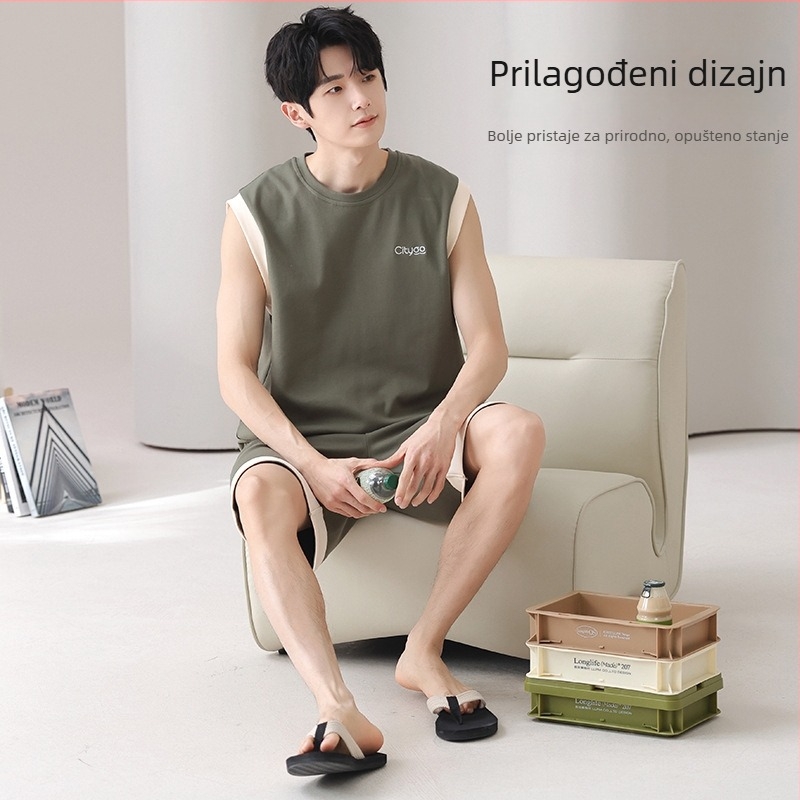 Muški pamučni pidžama set - bez rukava majica i šorc, okrugli izrez, tanko platno 141-160 g/m2, za mlade muškarce