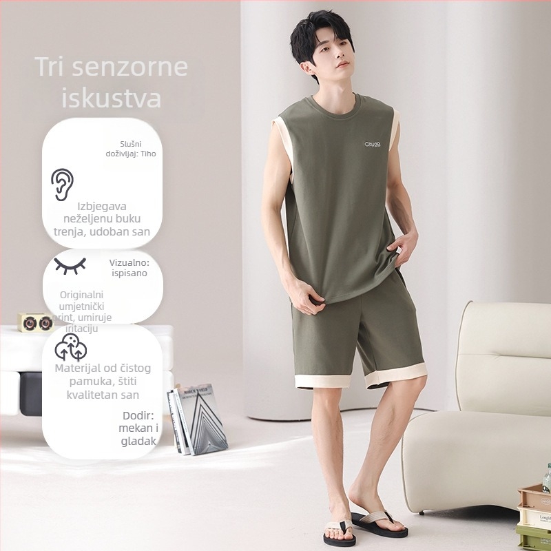 Muški pamučni pidžama set - bez rukava majica i šorc, okrugli izrez, tanko platno 141-160 g/m2, za mlade muškarce