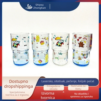 Kaljeno staklena čaša za vodu s karikaturalnim motivom, okrugla bez drške, otporna na toplinu, za čaj ili kavu, mogućnost prilagođavanja