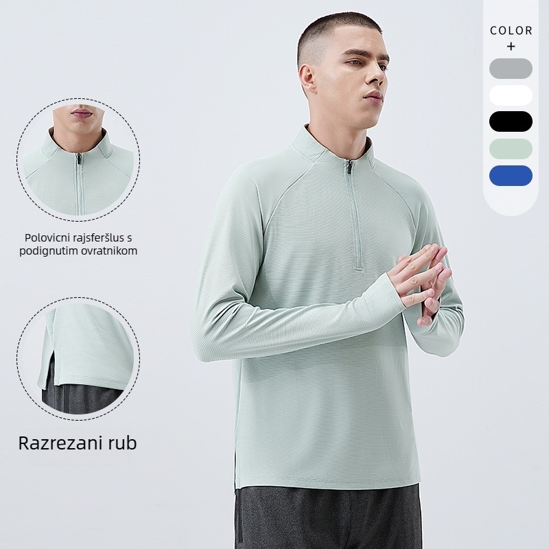 Muška poluzip sport majica s dugim rukavima, brzo se suši — 82% poliester + 18% elastan, za trčanje i vožnju biciklom