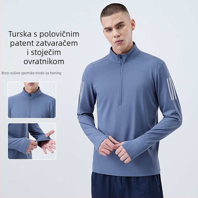 Muški fitness sweatshirt s visokom elastičnošću, brzo se suši, dugi rukav, ovratnik s pola zipom, 82% polyester, 18% spandeks