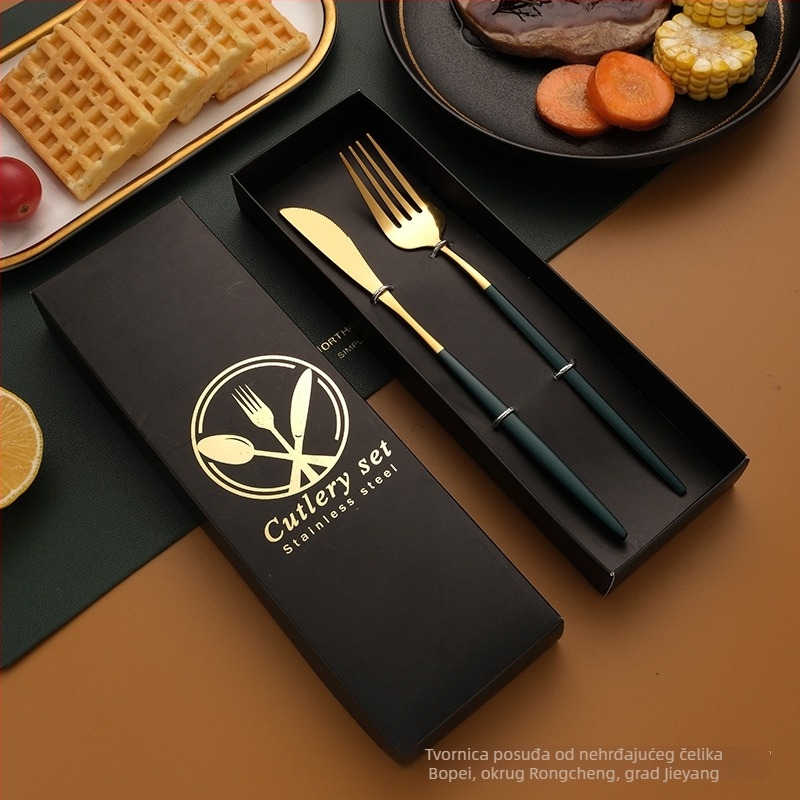 Nehrđajući čelični set pribora – nož, vilica, žlica i štapići; 410 nehrđajući čelik, ogledno poliranje, poklon pakiranje, mogućnost prilagodbe