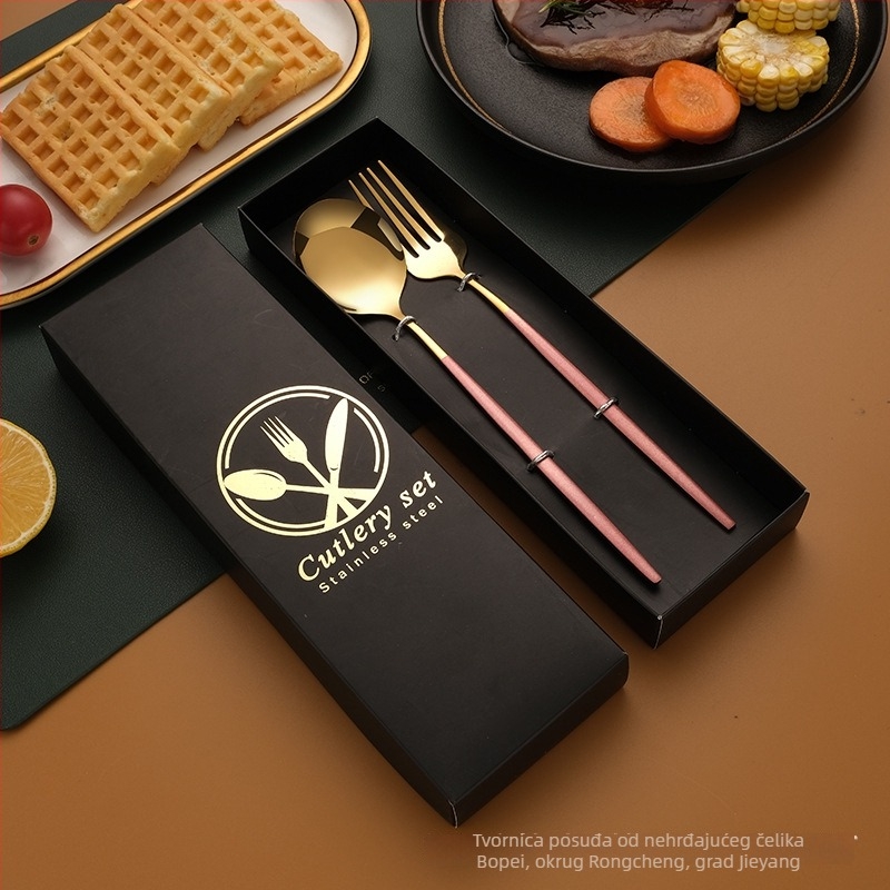 Nehrđajući čelični set pribora – nož, vilica, žlica i štapići; 410 nehrđajući čelik, ogledno poliranje, poklon pakiranje, mogućnost prilagodbe