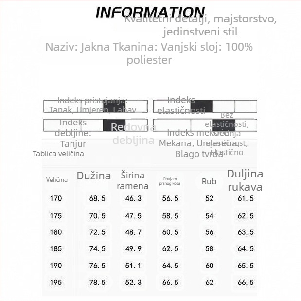 Muška jakna s stojećim ovratnikom za proljeće–jesen 2025, vodootporna, prednji zip, standardni kroj, poliester, bočni džepovi