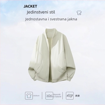 Bomber jakna za proljeće i jesen, stojeći ovratnik, zatvarač, tanak, 100% poliester, džepovi s patch dizajnom
