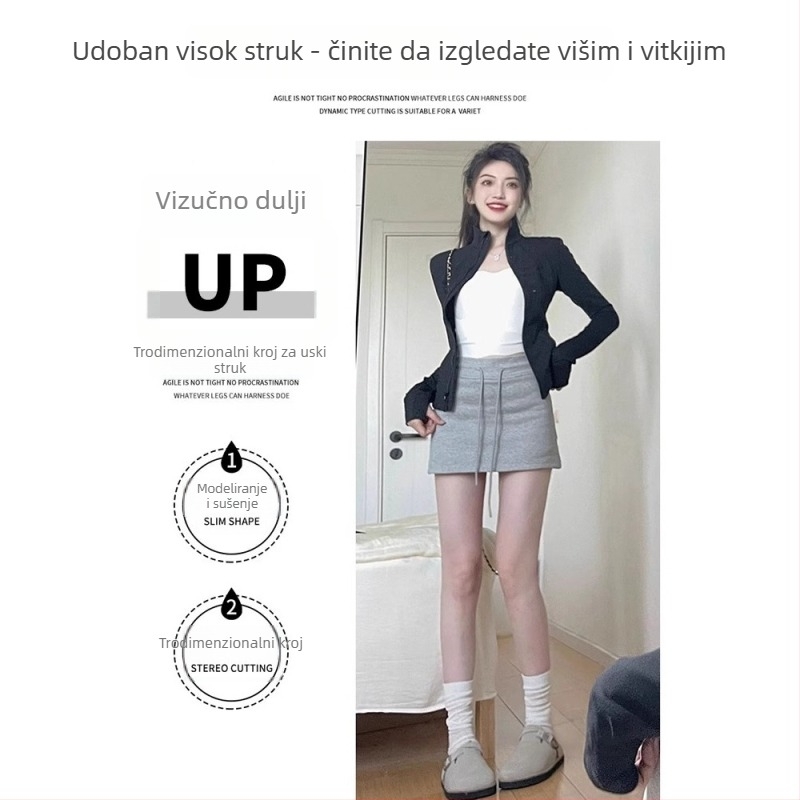 Hip suknja s vezicom, mješavina pamuka i poliestera (pamuk 50–70%, poliester 30–50%), mikroelastična, japansko-korejski stil za slobodno vrijeme