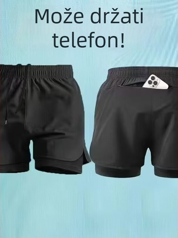 Muške brzosušeće kupaće kratke hlače s dvostrukom podlogom; duljina pet inča; poliester; sportski stil; ravnog kroja.