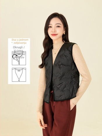 Ženska vesta s perjem, uski kroj, srednja debljina, poliester materijal, duljina 50–65 cm