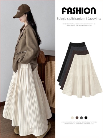 Han'er plisirana midi suknja od pletene tkanine, mješavina poliestera-viskozе-elastana, književno retro stil, jesen 2025