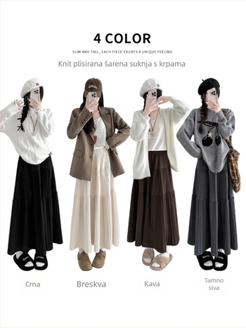 Han'er plisirana midi suknja od pletene tkanine, mješavina poliestera-viskozе-elastana, književno retro stil, jesen 2025