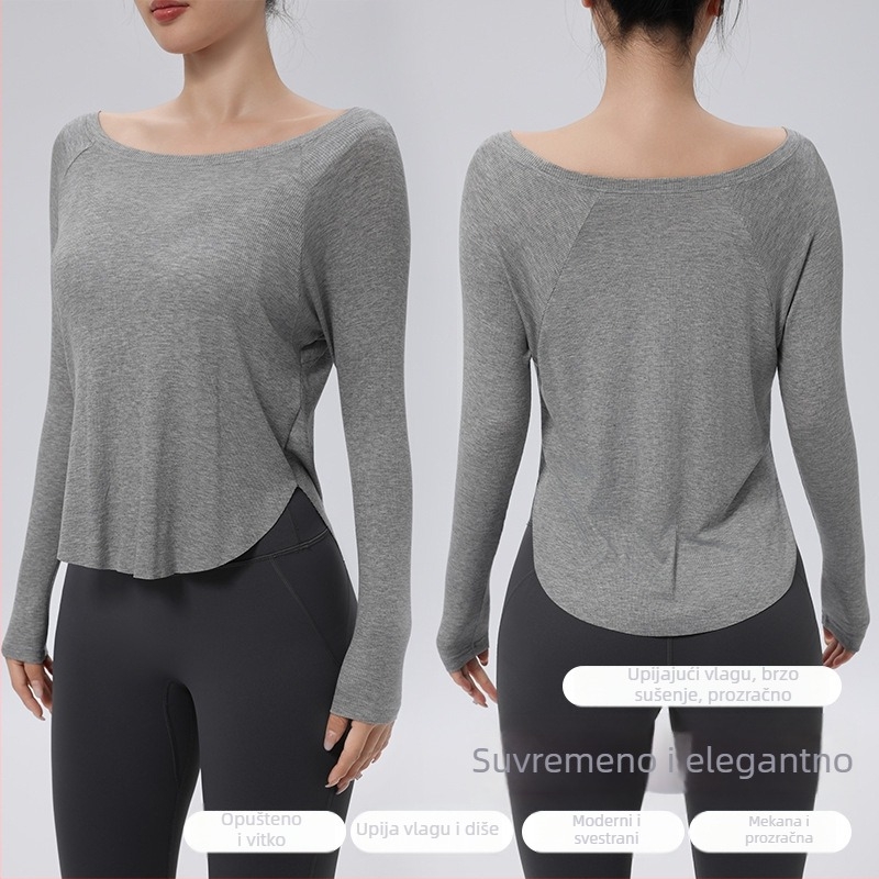 Joga top - Slobodan kroj, dužina do bokova, dugi rukav, 80% najlon + 20% spandex, odvodi vlagu, brzo suši