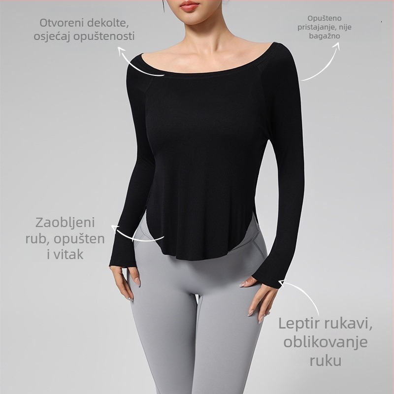 Joga top - Slobodan kroj, dužina do bokova, dugi rukav, 80% najlon + 20% spandex, odvodi vlagu, brzo suši