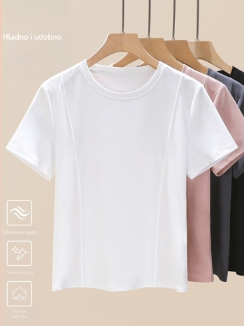 Ženski T-shirt kratkih rukava s okruglim izrezom, uski kroj, Mercerizirana pamuka, 90-95% pamuk i Spandex do 30%