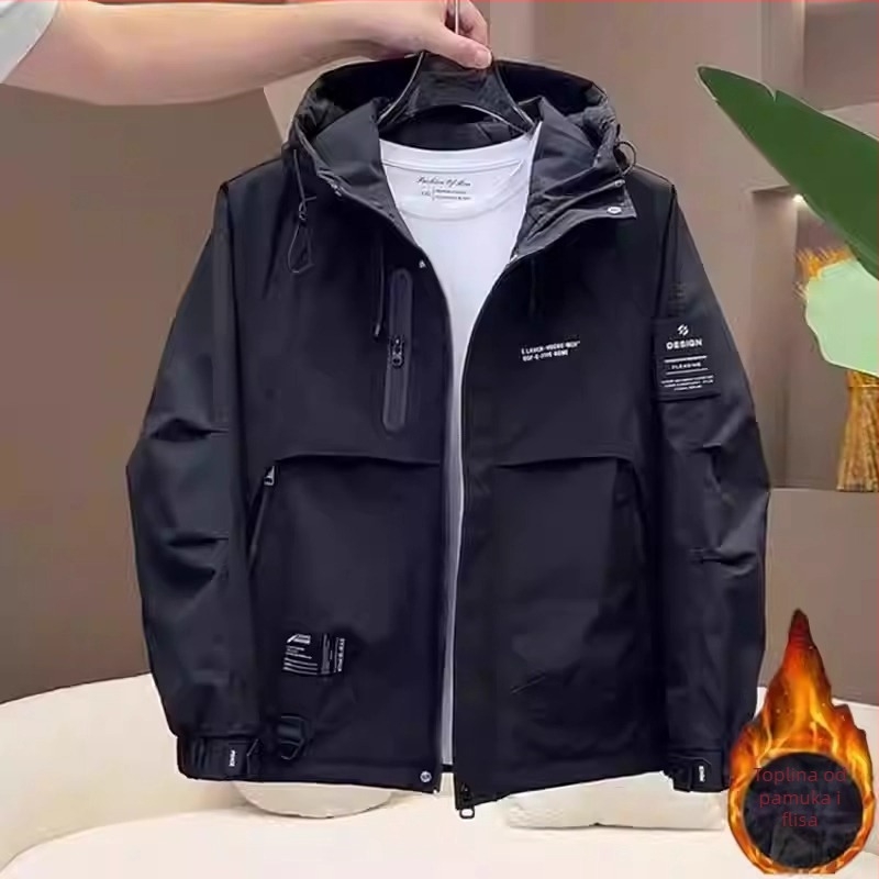 Muška jakna s kapuljom — otporna na vjetar, debela topla, raglan rukavi, zatvarač