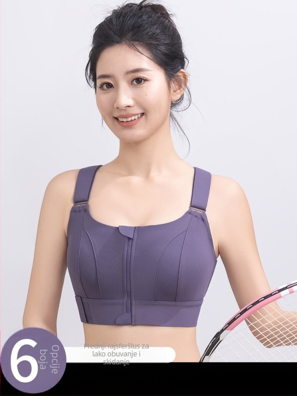 Ženski sportski grudnjak s Velcro-om sprijed i zatvaračem, leđa bez leđa, prilagodljiv vest-stil, podrška visokog intenziteta, materijal poliester + spandex (78%/22%), uski kroj
