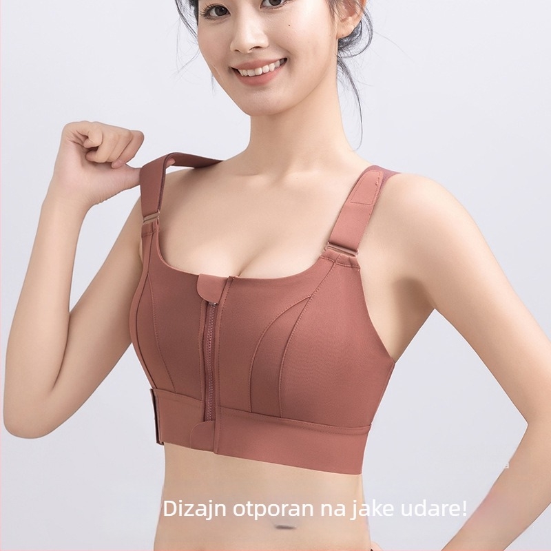 Ženski sportski grudnjak s Velcro-om sprijed i zatvaračem, leđa bez leđa, prilagodljiv vest-stil, podrška visokog intenziteta, materijal poliester + spandex (78%/22%), uski kroj