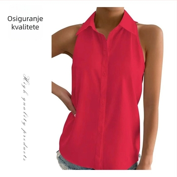 Ženska satenska bez rukava košulja – obična duljina, košuljni ovratnik, jednobojna, 95%+ satenski poliester, ljeto 2025