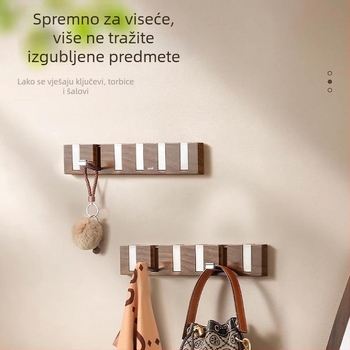 Ljepljiva zidna kuka s redom od četiri ili više kuka, plastična, nosivost 1–3 kg, dizajn s uzorkom orahovog drveta i izgledom klavirskih tipki, moderni minimalistički stil