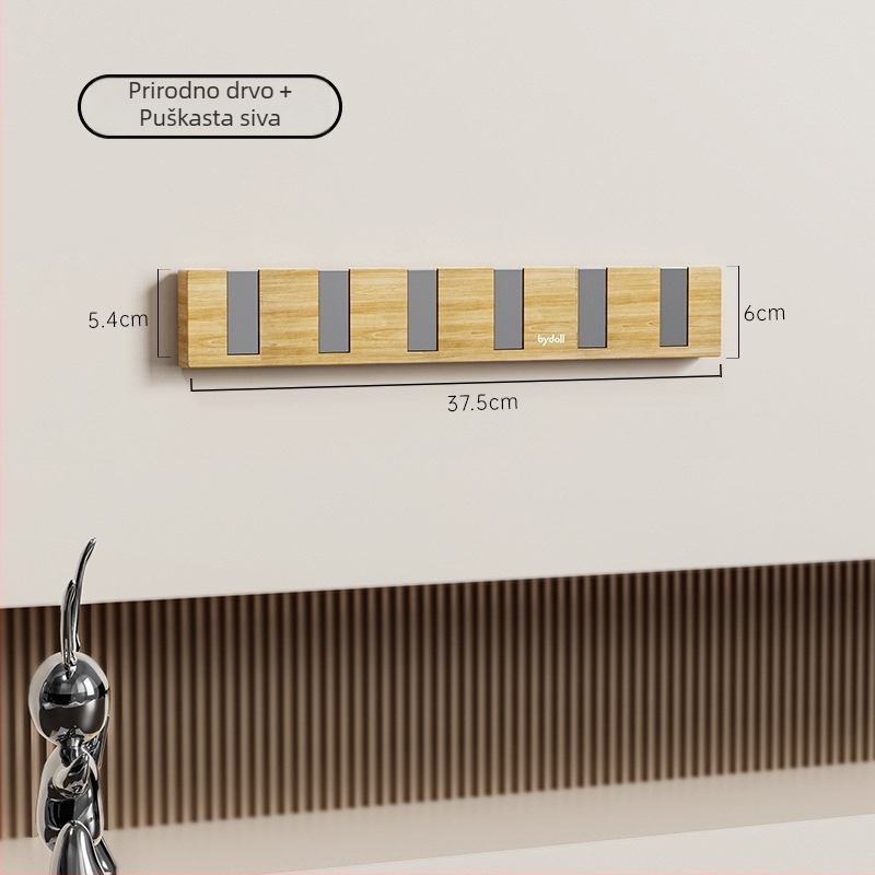 Ljepljiva zidna kuka s redom od četiri ili više kuka, plastična, nosivost 1–3 kg, dizajn s uzorkom orahovog drveta i izgledom klavirskih tipki, moderni minimalistički stil