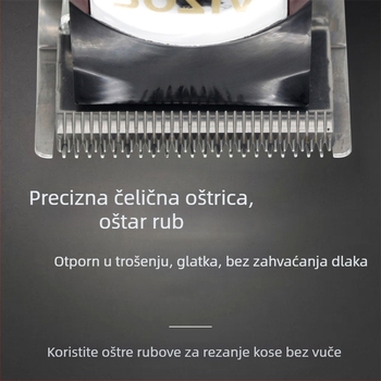 Mašinica za šišanje s ugrađenom baterijom i dvostrukim napajanjem, četkasti motor, oštrica od nehrđajućeg čelika, odvaja se i periva glava, trajanje 1–3 h