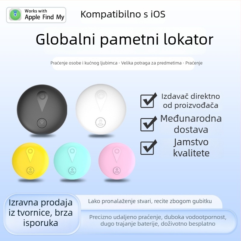 F18 GPS lokator za iOS – višenamjenski tragac za kućne ljubimce, starije osobe, djecu i dragocjenosti; globalno pozicioniranje, navigacija kartom, obavijest o gubitku, baterija 240 mAh