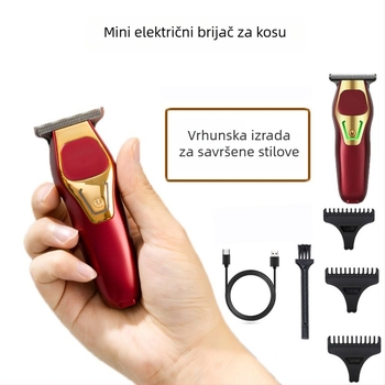 Mini električni kliper za kosu s četkastim motorom, nože od nehrđajućeg čelika, ugrađena baterija 800–1000 mAh, radno vrijeme 1–3 h, USB punjenje