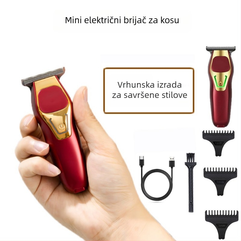 Mini električni kliper za kosu s četkastim motorom, nože od nehrđajućeg čelika, ugrađena baterija 800–1000 mAh, radno vrijeme 1–3 h, USB punjenje