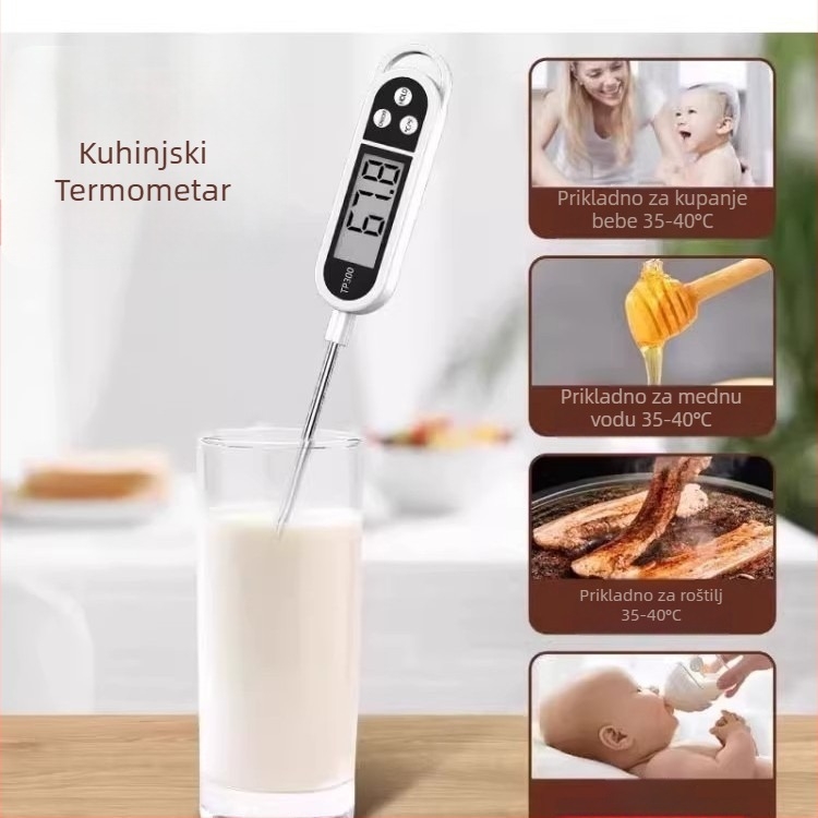 Kuhinjski digitalni termometar sa sondom, visoka preciznost, brzo očitavanje, mjeri temperaturu vode, ulja i mlijeka, otporan na visoke temperature