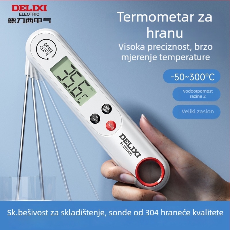 Delixi vodootporni sklopivi kuhinjski termometar, raspon -50°C do 300°C, rezolucija 0.1°C, sonda od 304 nehrđajućeg čelika