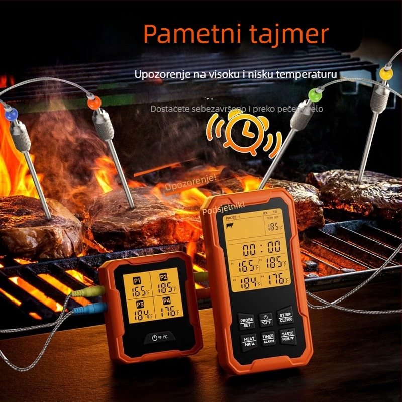 Termometar za hranu s 4 sonde, Bluetooth, vodootporan, nehrđajući čelik, za roštilj