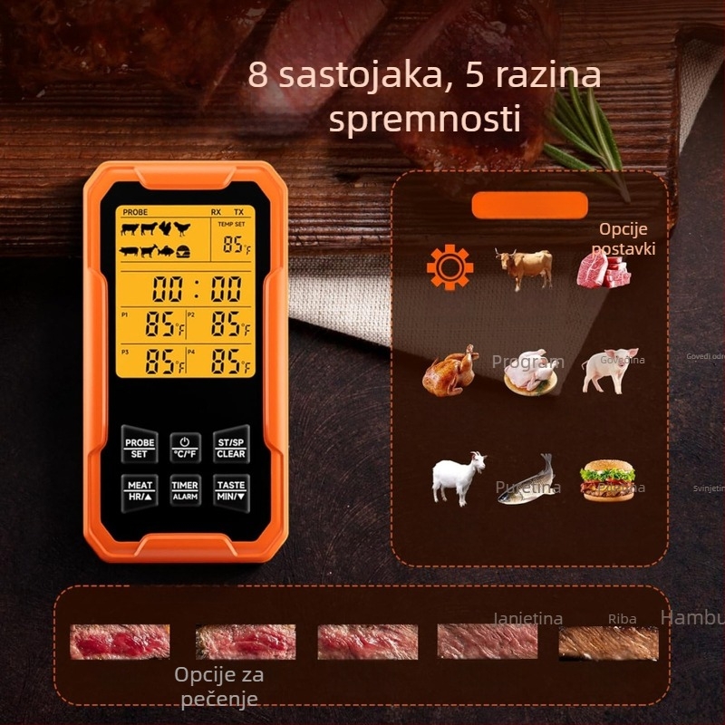 Termometar za hranu s 4 sonde, Bluetooth, vodootporan, nehrđajući čelik, za roštilj