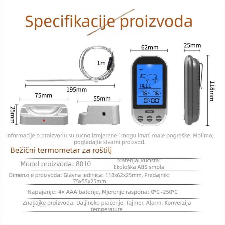 Bežični termometar za roštilj s pametnim digitalnim zaslonom – kuhinjski termometar za hranu, 1°C rezolucija, porijeklo: Fuzhou, mogućnost prilagodbe, 50 komada u kutiji