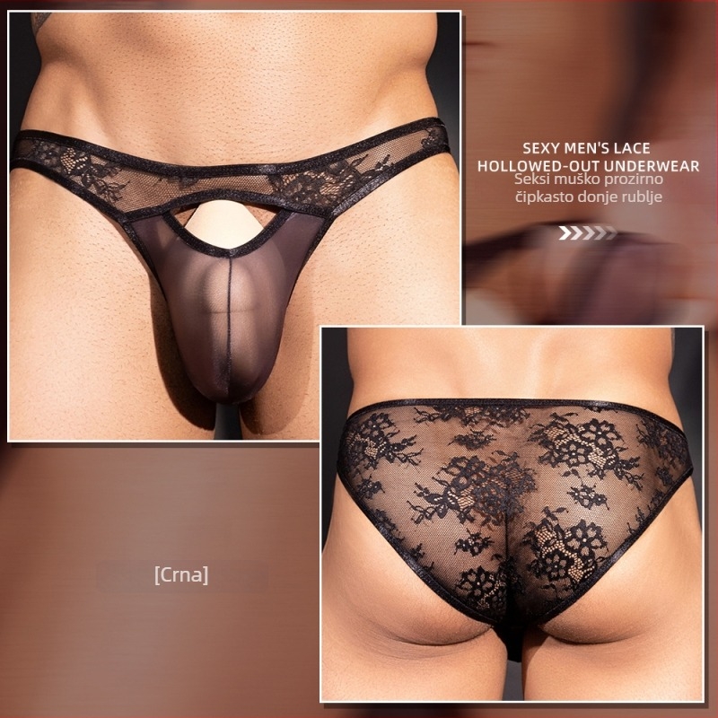 Muške čipkaste prozirne gaćice s izrezima, trokutasti stil, najlon tkanina