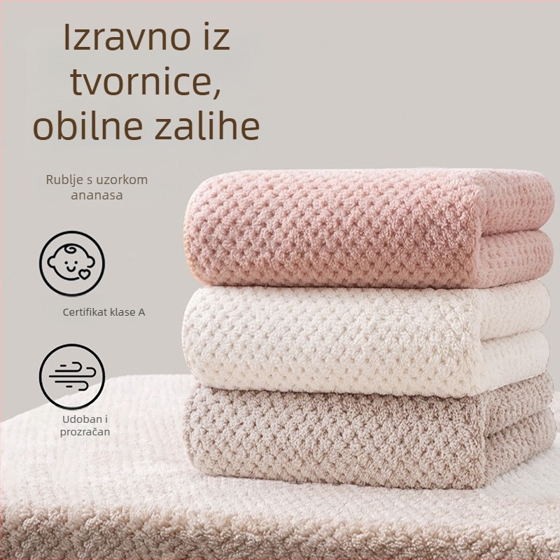 Koralski plišani ručnik – mekan, upijajući ručnik za lice i tijelo, debeđi završetak; težina 50–80 g; pređa 40 niti; obrada: vez, šivanje, otisak
