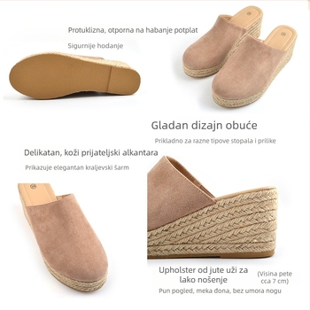Ženske velur sandale s klinom, okrugli vrh, casual stil, visina potpetice 6–8 cm, TPR taban