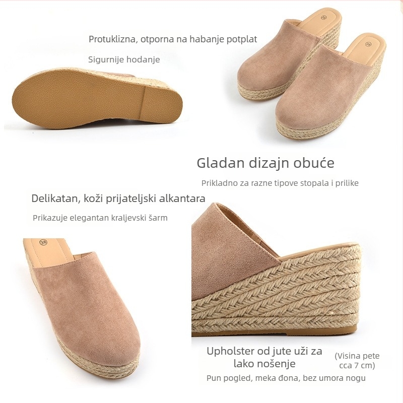 Ženske velur sandale s klinom, okrugli vrh, casual stil, visina potpetice 6–8 cm, TPR taban