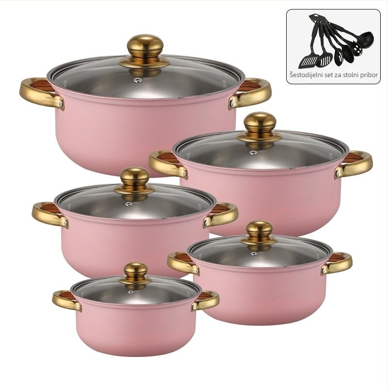 Set lonaca od nehrđajućeg čelika 400 serije, lonac bez dima, staklena poklopac, kompatibilno s običnom pločom, 10-dijelni set